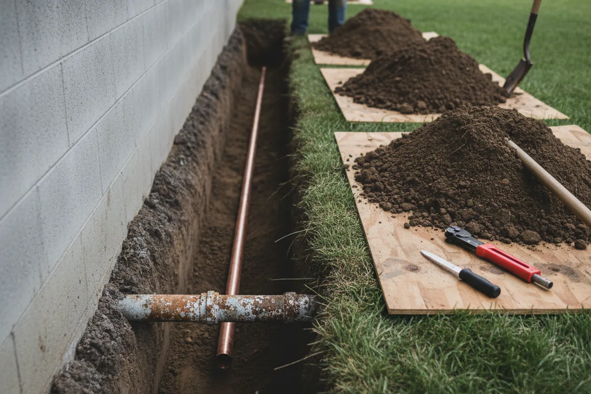 Excavated water line trench during Sewer Line Repair in Ekron